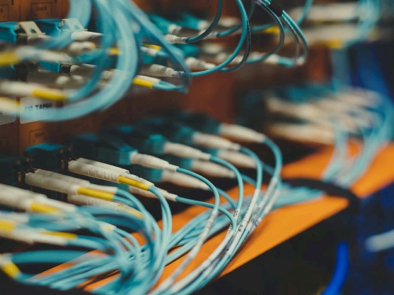 Close-up of fiber optic network cables in a data center for high-speed connectivity